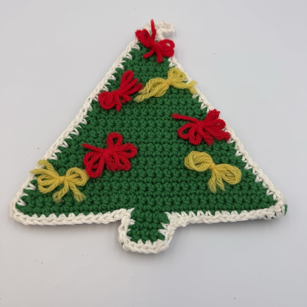 Handmade Crocheted Potholder Decor‎ Christmas Tree Red Green 8x8"